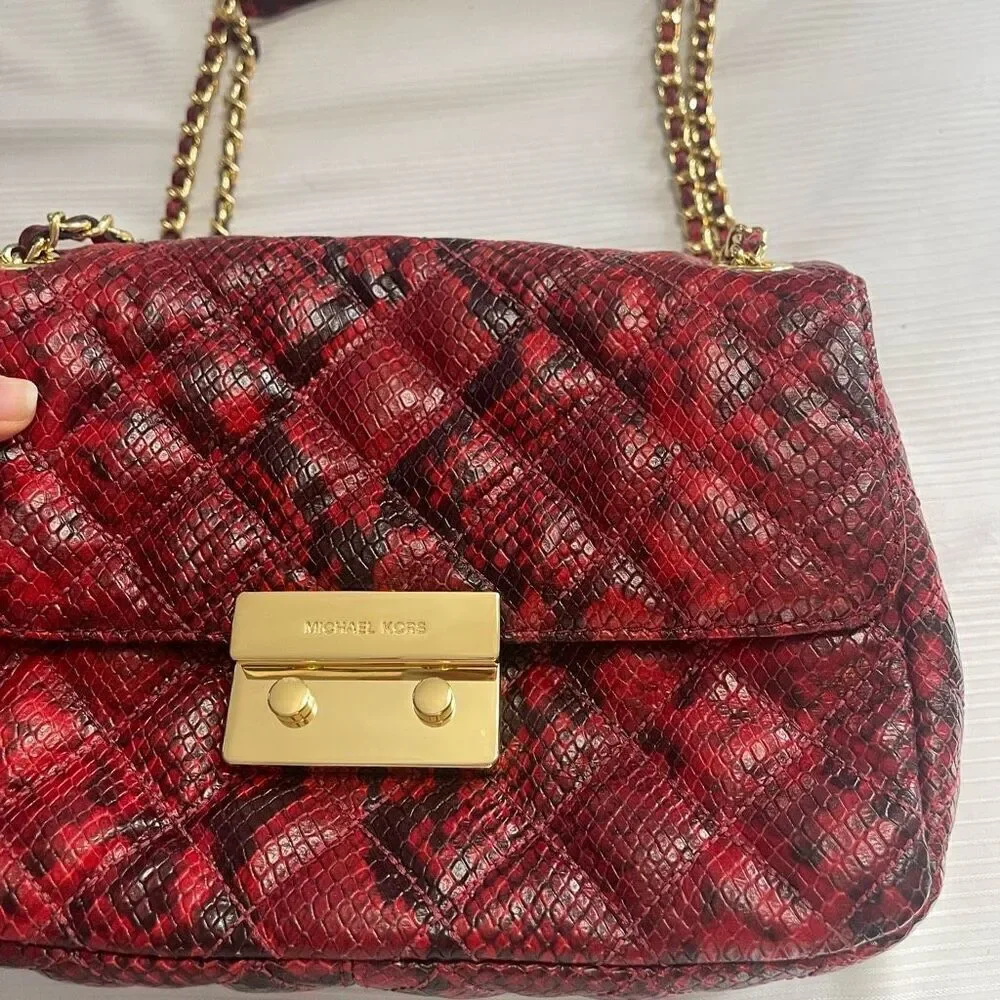 Michael Kors Sloan Red Leather Snakeskin Print Purse